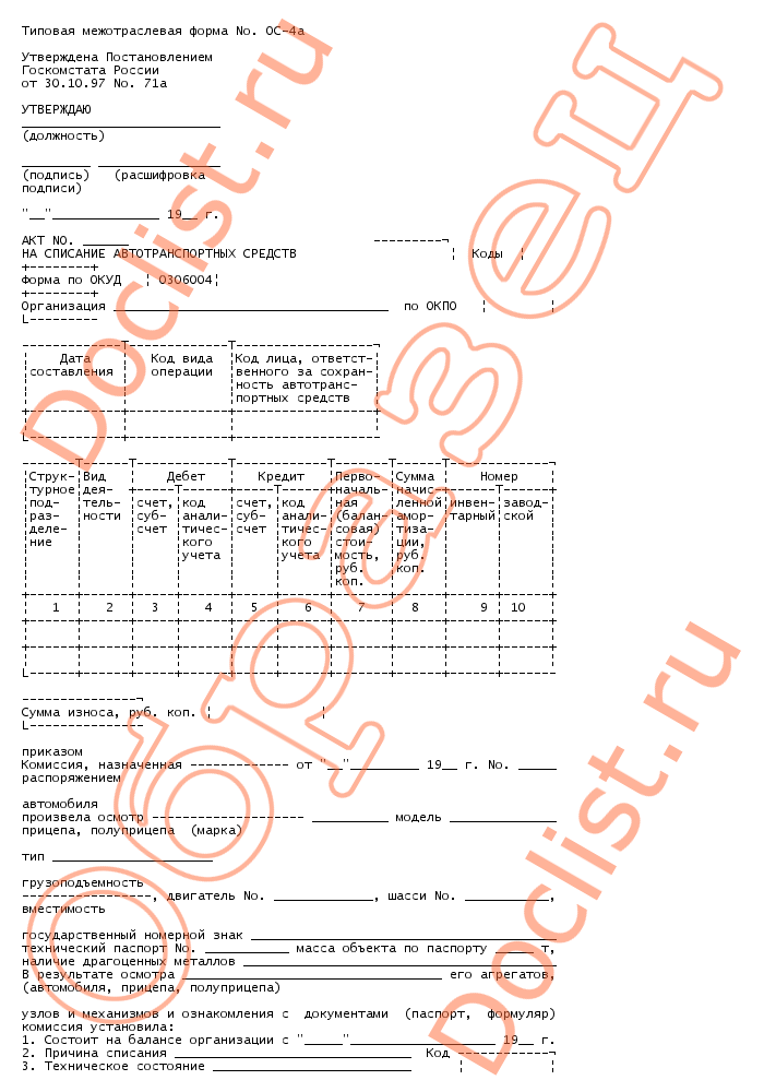 Акт о списании транспортного средства образец заполнения