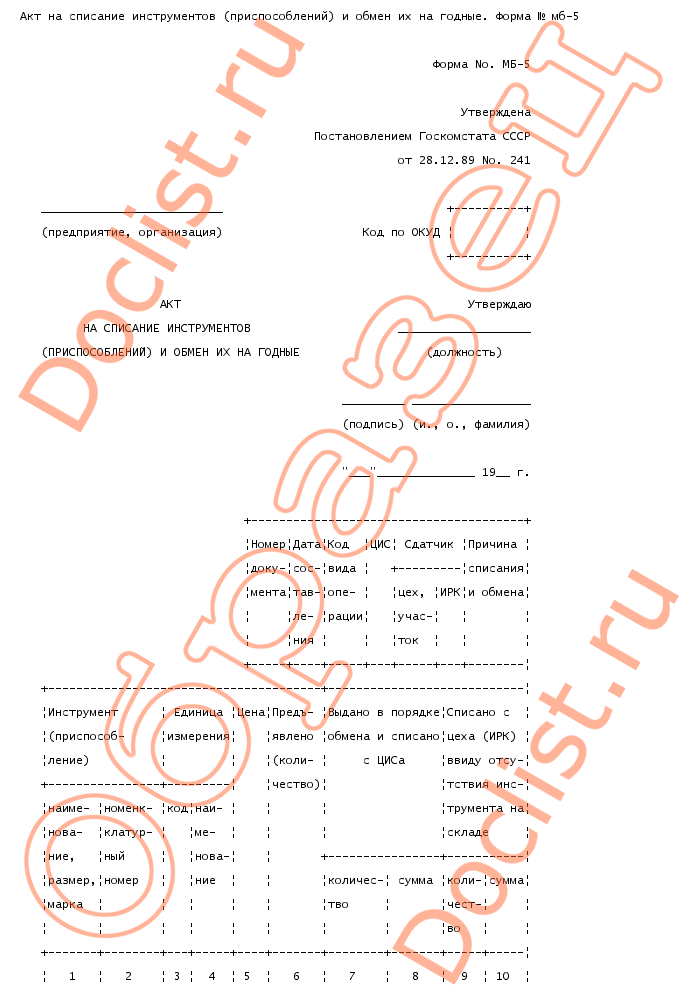 Бланк Акт Списания Инструмента