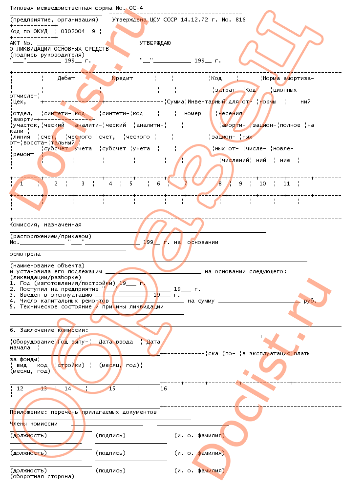 Акт ликвидации основных средств образец заполнения